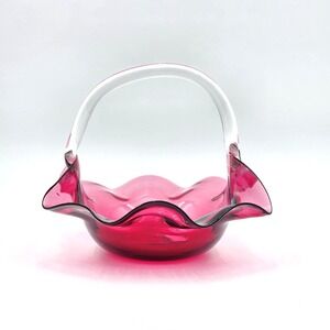 Vintage Pilgrim Cranberry Art Glass Basket Clear Applied Handle Ruffled Edge